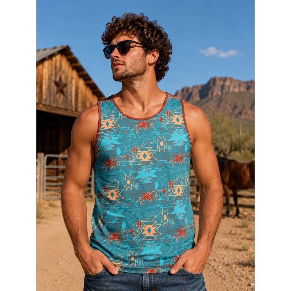 Raised by Coyotes Men's 2XL Western Aztec Horse Print Tank Top Blue Stretch